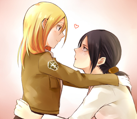 2girls black_hair blonde_hair christa_renz freckles jacket jikasei lowres multiple_girls ponytail shingeki_no_kyojin short_hair smile uniform ymir_(shingeki_no_kyojin)