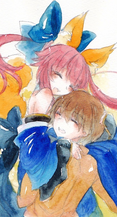 1boy 1girl animal_ears bare_shoulders bow caster_(fate/extra) closed_eyes detached_sleeves fate/extra fate_(series) fina_(sa47rin5) fox_ears fox_tail hair_bow hair_ribbon hug japanese_clothes open_mouth pink_hair ribbon tail traditional_media twintails watercolor_(medium) yellow_eyes