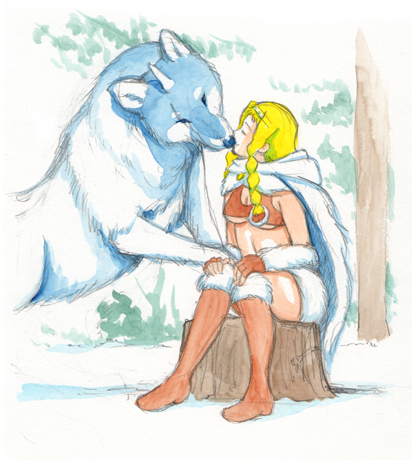 1girl blonde_hair boots breasts cape caracol closed_eyes fingerless_gloves gloves kiss large_breasts leina long_hair queen's_blade sitting traditional_media tree_stump under_boob watercolor_(medium) wolf
