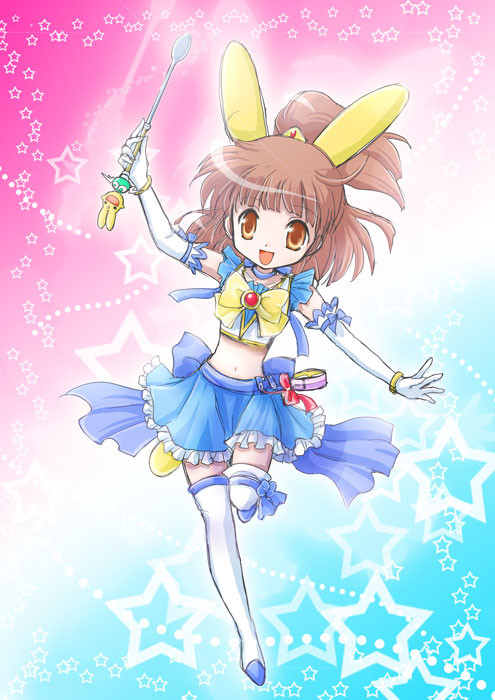 1girl adapted_costume animal_ears arle_nadja artist_request blue_dress boots bow brooch brown_eyes brown_hair cameo carbuncle_(puyopuyo) choker dress elbow_gloves frills gloves half_updo jewelry madou_monogatari magical_girl multicolored_background puyo_(puyopuyo) puyopuyo rabbit_ears ribbon short_hair skirt smile solo standing_on_one_leg star starry_background thigh-highs thigh_boots wand white_gloves white_legwear