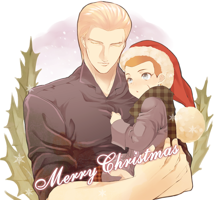 2boys albert_wesker blonde_hair blue_eyes child father_and_son hat jake_muller kiricloud merry_christmas multiple_boys orange_hair resident_evil resident_evil_6 santa_hat scar time_paradox young