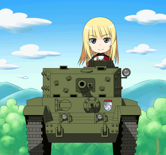 1girl animated animated_gif artist_request chibi cromwell_(tank) cup earl_grey_(girls_und_panzer) girls_und_panzer military military_vehicle parody solo tank teacup vehicle