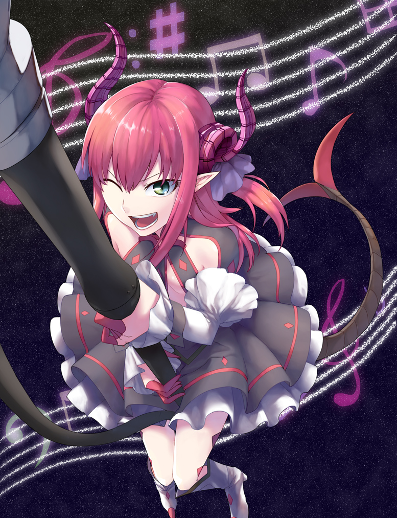 1girl blue_eyes claws detached_sleeves dress fang fate/extra_ccc fate_(series) from_above horns lancer_(fate/extra_ccc) long_hair musical_note pink_hair pointy_ears polearm solo spear tail tamago_(pixiv17968) two_side_up weapon wink