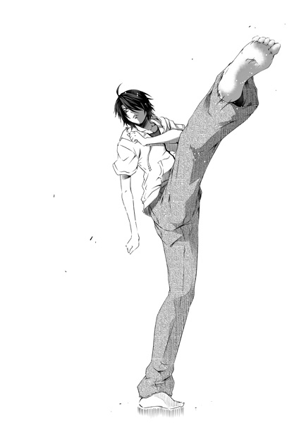 1boy araragi_koyomi barefoot kouji_(campus_life) monochrome monogatari_(series) solo