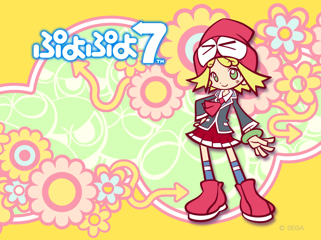 &gt;_&lt; 1girl amitie blazer blonde_hair blue_legwear copyright_name directional_arrow flipped_hair floral_background green_eyes hand_on_hip hat kneehighs necktie official_art puyo_(puyopuyo) puyopuyo puyopuyo_7 puyopuyo_fever school_uniform shoes short_hair skirt smile solo takenami_hideyuki wallpaper yellow_background