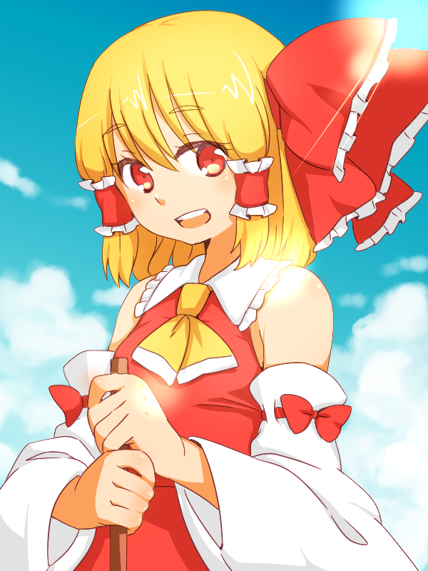 1girl bare_shoulders blonde_hair broom cosplay detached_sleeves hair_ribbon hair_tubes hakurei_reimu hakurei_reimu_(cosplay) japanese_clothes miko red_eyes ribbon rumia shirane_koitsu solo touhou