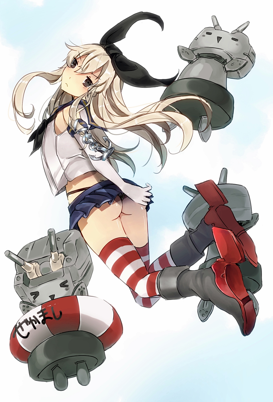 1girl anchor ass black_eyes black_panties blonde_hair blush elbow_gloves from_behind gloves hair_ornament hairband highres hukii_hiyoru kantai_collection long_hair looking_at_viewer looking_back panties personification shimakaze_(kantai_collection) skirt solo striped striped_legwear thigh-highs turret underwear white_gloves