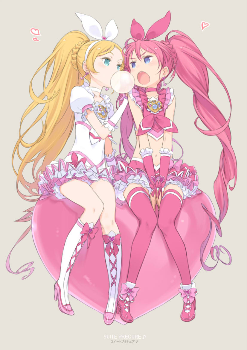 2girls ankle_boots between_legs between_thighs blonde_hair blue_eyes boots bow brooch bubblegum copyright_name cure_melody cure_rhythm earrings frilled_skirt frills full_body green_eyes grey_background hair_bow hand_between_legs hand_on_another's_shoulder heart houjou_hibiki jewelry knee_boots kuroboshi_kouhaku long_hair midriff minamino_kanade miniskirt multiple_girls navel open_mouth petticoat pink_hair ponytail precure simple_background sitting sitting_on_object skirt suite_precure twintails very_long_hair
