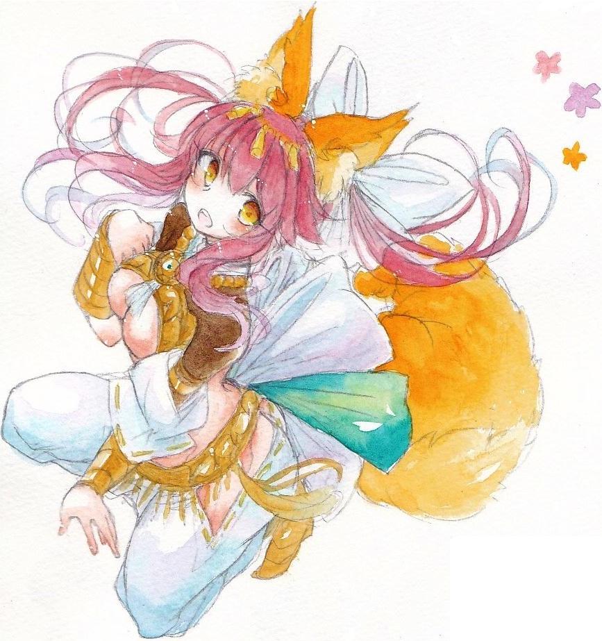 1girl animal_ears belly_dancer breasts caster_(fate/extra) fate/extra fate_(series) fina_(sa47rin5) fox_ears fox_tail hair_ribbon pink_hair ribbon solo tail traditional_media twintails under_boob watercolor_(medium) yellow_eyes