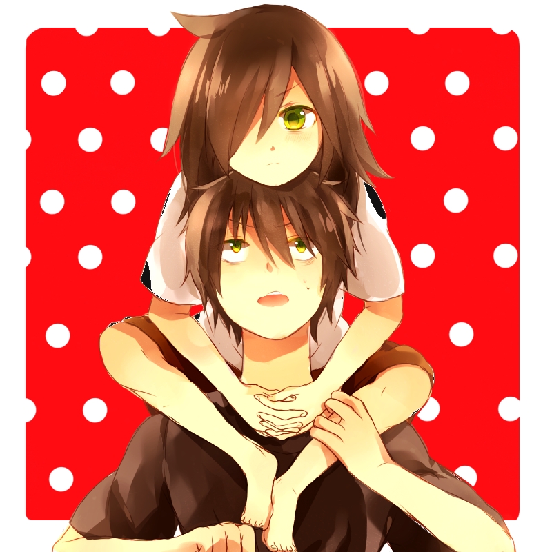 1boy 1girl artist_request black_hair green_eyes hair_over_one_eye kuroki_tomoki kuroki_tomoko long_hair messy_hair piggyback polka_dot polka_dot_background red_background short_hair shorts siblings standing t-shirt watashi_ga_motenai_no_wa_dou_kangaetemo_omaera_ga_warui!