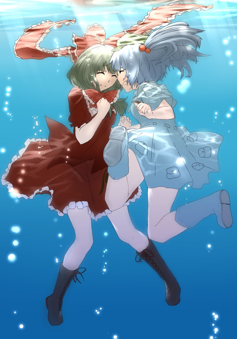 2girls blue_dress blue_hair boots bow bubble closed_eyes cross-laced_footwear dress forehead-to-forehead front_ponytail green_hair grin hair_bobbles hair_bow hair_ornament hat kagiyama_hina kawashiro_nitori multiple_girls rubber_boots shirt short_sleeves skirt skirt_set smile sunlight terimayo touhou twintails underwater