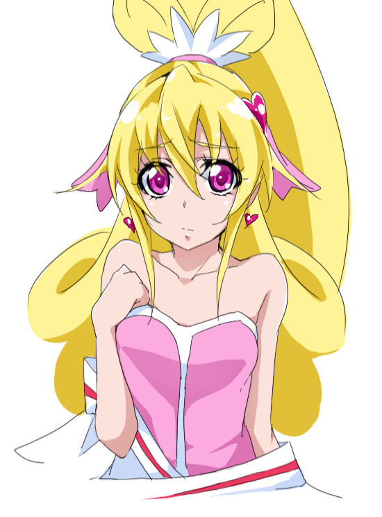 1girl aida_mana bare_shoulders blonde_hair cure_heart dokidoki!_precure half_updo nanashishi off_shoulder pink_eyes ponytail precure simple_background solo white_background