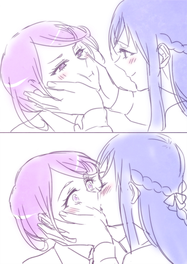 2girls 2koma blue_hair blush comic couple dokidoki!_precure eye_contact face_grab hands_on_another's_cheeks hands_on_another's_face hishikawa_rikka kenzaki_makoto kiss long_hair looking_at_another multiple_girls negom precure purple_hair short_hair silent_comic simple_background sketch smile surprise_kiss surprised white_background yuri