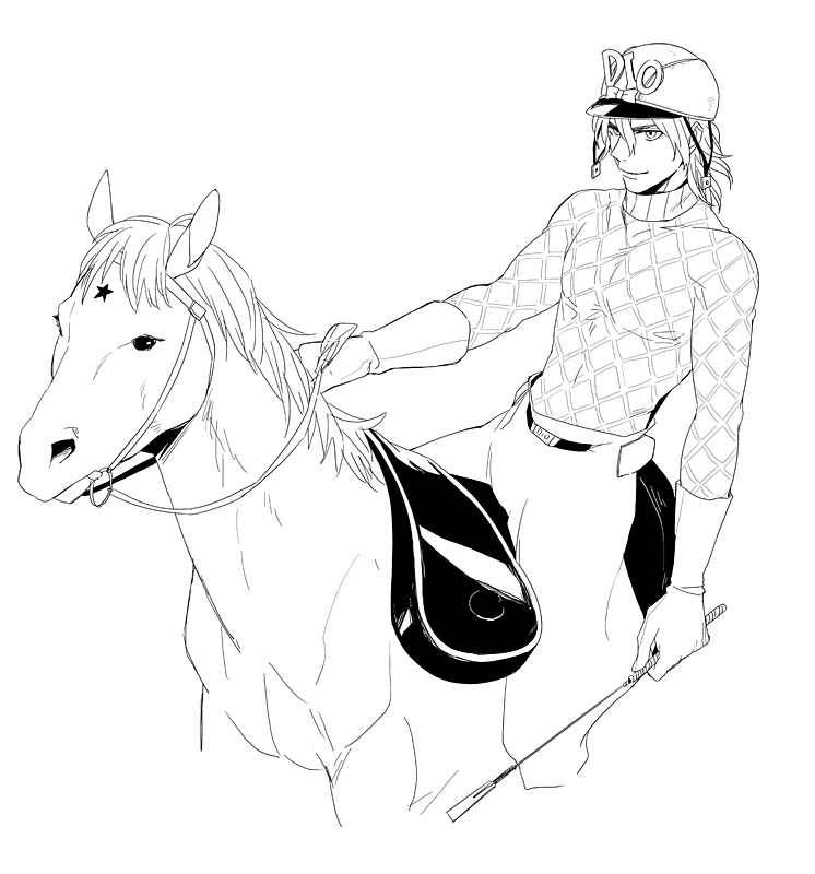 1boy diego_brando hat horse jojo_no_kimyou_na_bouken kbs monochrome saddle solo steel_ball_run