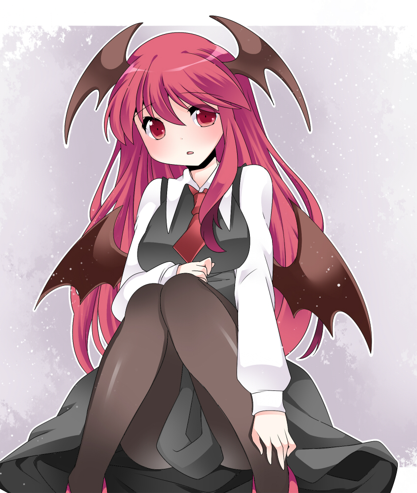 1girl bat_wings black_dress black_legwear blush breasts commentary_request demon_wings dress hammer_(sunset_beach) head_wings koakuma light_particles long_hair long_sleeves looking_at_viewer multiple_wings necktie open_mouth pantyhose red_eyes redhead revision shirt sitting solo touhou very_long_hair wings