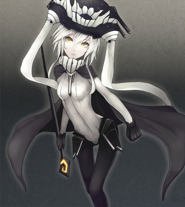 1girl black_legwear bodysuit cape character_request gloves hat kantai_collection kyoeiki long_hair pale_skin pantyhose parted_lips scepter skin_tight solo tight white_hair yellow_eyes