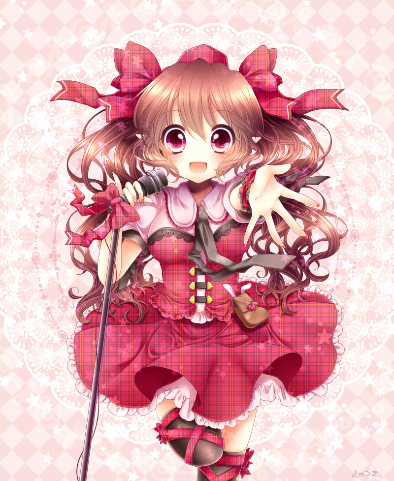 1girl bag black_legwear blush brown_hair corset hat himekaidou_hatate lace microphone open_mouth pink_background red_eyes sanotsuki skirt smile solo thighhighs tokin_hat touhou twintails