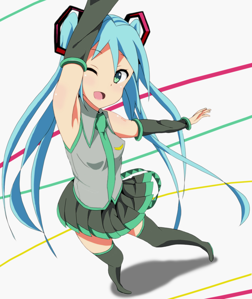 1girl aqua_hair arm_up armpits boots detached_sleeves green_eyes hatsune_miku kaiman long_hair necktie open_mouth skirt solo thigh_boots thighhighs twintails very_long_hair vocaloid wink