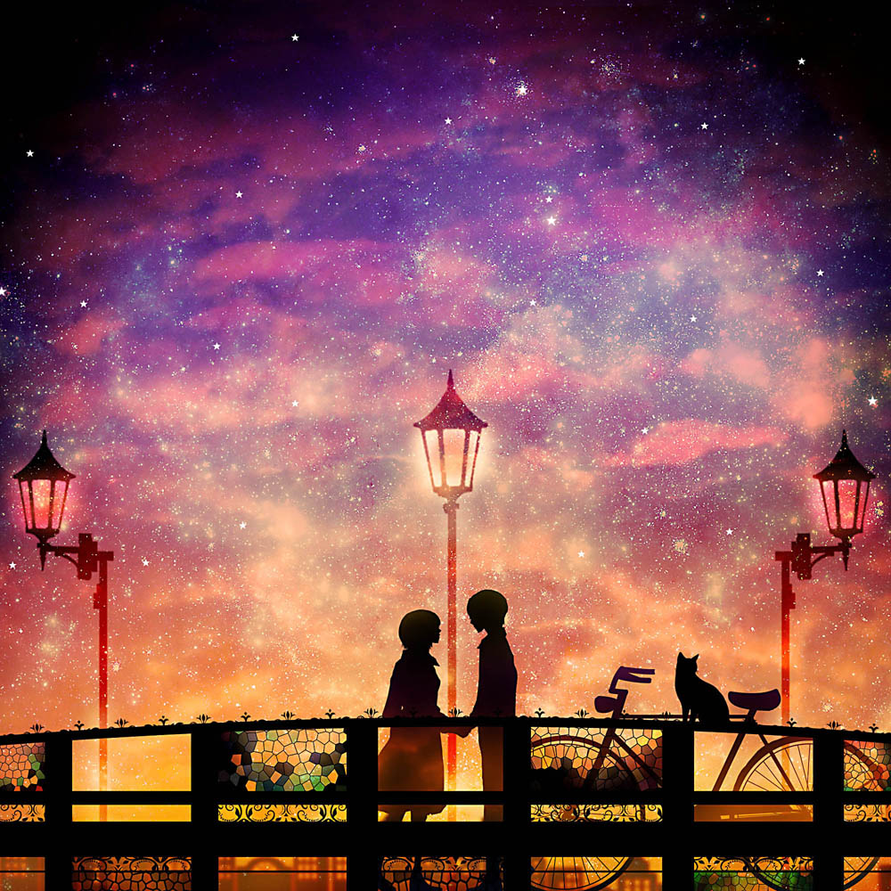 1boy 1girl amasawa_seiji bicycle bridge cat dark galaxy harada_miyuki holding_hands lamp mimi_wo_sumaseba night night_sky scenery silhouette sky stained_glass star_(sky) starry_sky studio_ghibli tsukishima_shizuku