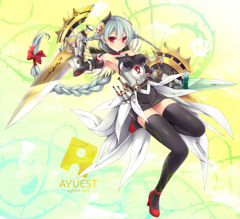 1girl bankoku_ayuya bare_shoulders black_legwear bow breasts dagger ear_studs earrings gauntlets hair_bow hair_ornament jewelry long_hair multiple_braids pointy_ears puzzle_&amp;_dragons red_eyes shield silver_hair smile solo sword thigh-highs valkyrie_(p&amp;d) very_long_hair watermark weapon web_address