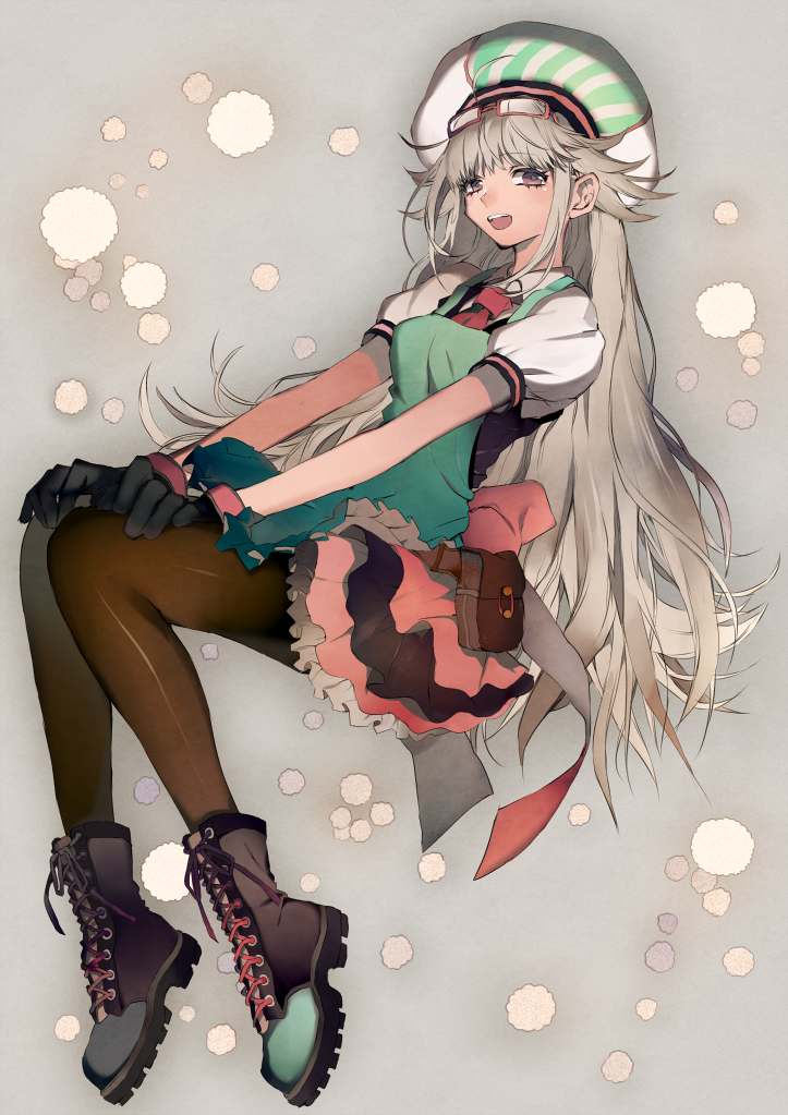 1girl black_legwear blush book boots dress long_hair looking_at_viewer mf_bunko original pantyhose silver_hair sitting skirt smile solo tsukioka_tsukiho