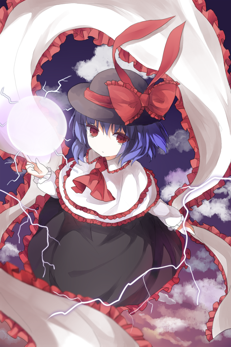 1girl ascot blue_hair electricity energy_ball hat looking_at_viewer nagae_iku red_eyes shawl short_hair skirt solo touhou xiaohuasan