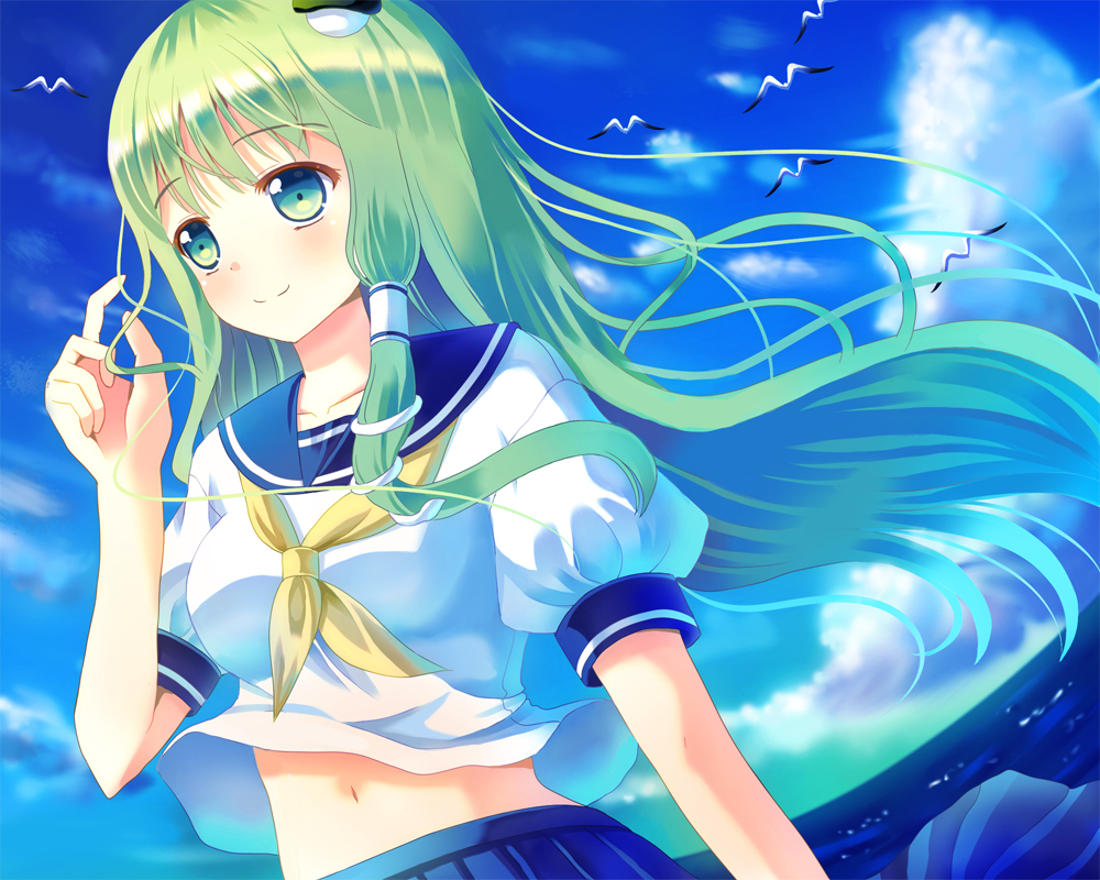 1girl bird blush breasts clouds frog_hair_ornament green_eyes green_hair hair_ornament hair_tubes hazakura_satsuki kochiya_sanae long_hair ocean school_uniform seagull serafuku skirt sky snake_hair_ornament touhou water