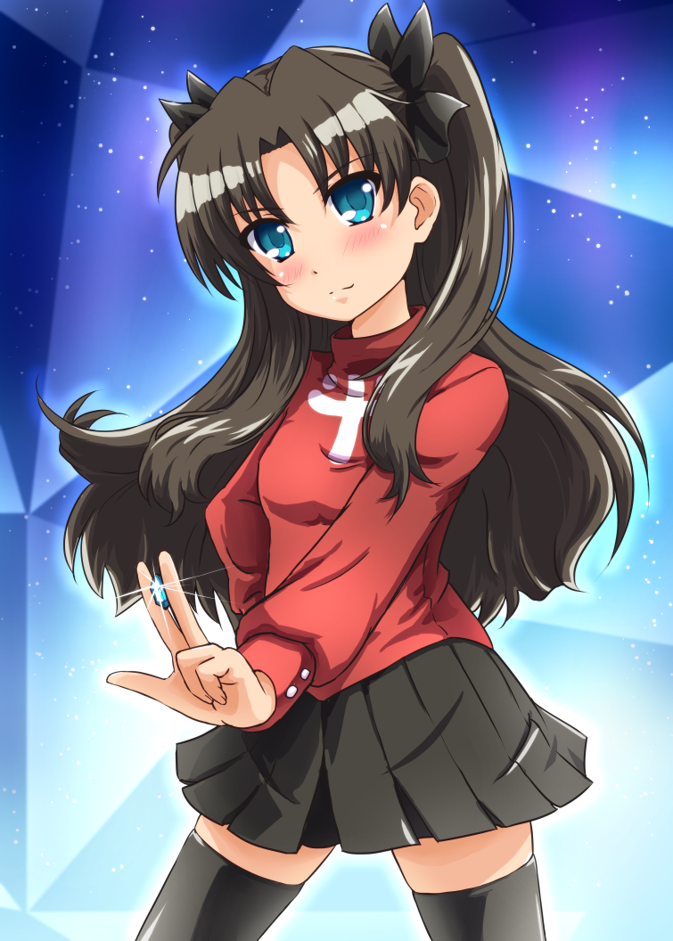 1girl black_hair black_legwear blush diesel-turbo fate/stay_night fate_(series) gem green_eyes hair_ribbon long_hair looking_at_viewer ribbon skirt solo thigh-highs tohsaka_rin toosaka_rin twintails zettai_ryouiki