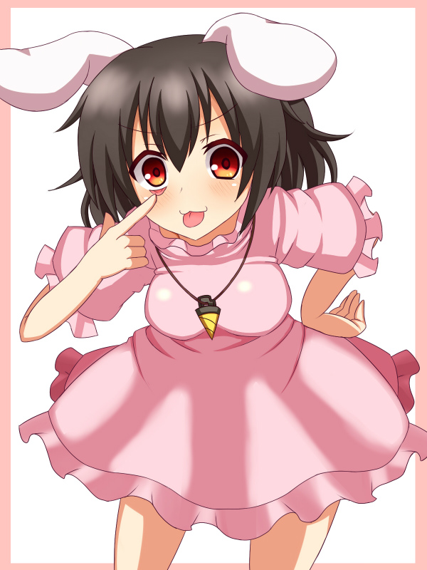 1girl :3 animal_ears bent_over black_hair breasts dress frame hand_on_hip haniwagi_(hal) inaba_tewi jewelry looking_at_viewer necklace petals pink_dress rabbit_ears red_eyes short_sleeves solo tongue tongue_out touhou