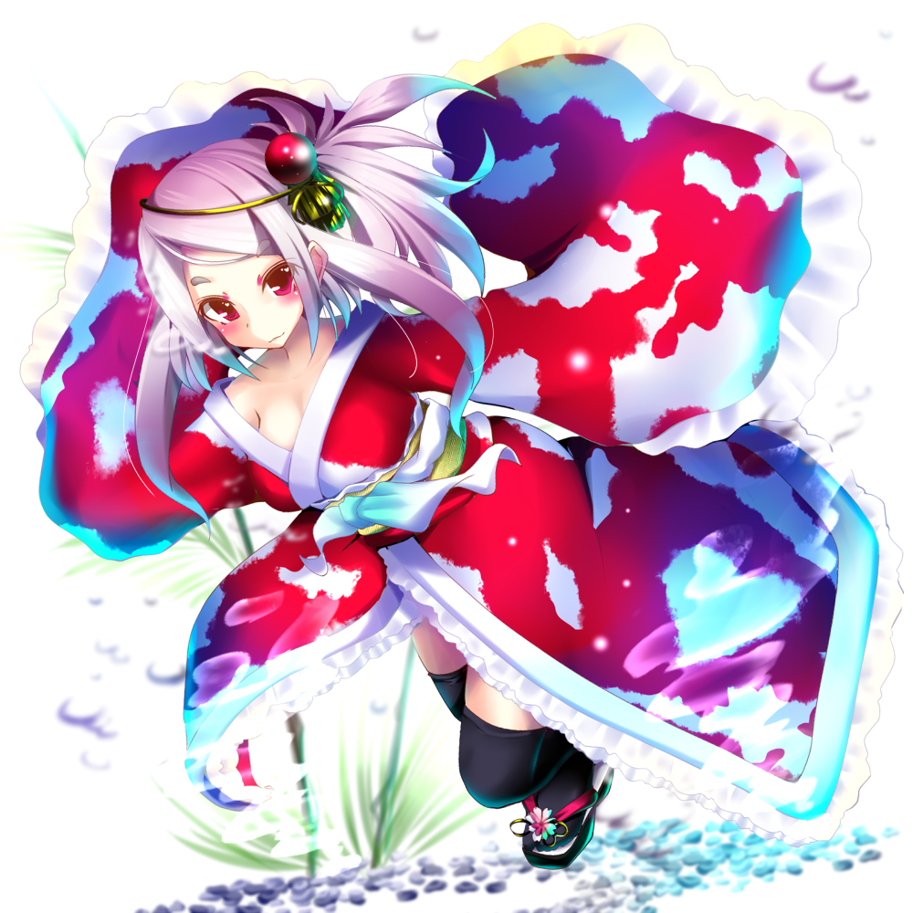 1girl black_legwear bubble hair_ornament japanese_clothes kimono looking_at_viewer natsu_(anta_tte_hitoha) original red_eyes sandals silver_hair smile solo thigh-highs underwater wide_sleeves