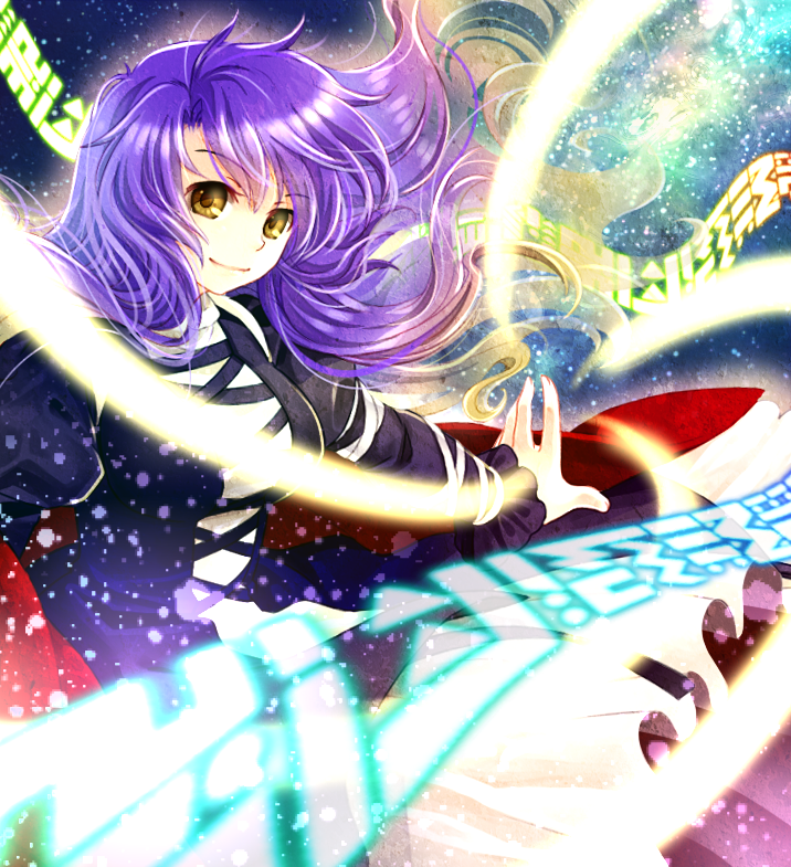 1girl blonde_hair breasts brown_hair cape dress gradient_hair hijiri_byakuren long_hair multicolored_hair purple_hair smile socha solo sorcerer's_sutra_scroll star starry_background touhou traditional_media yellow_eyes