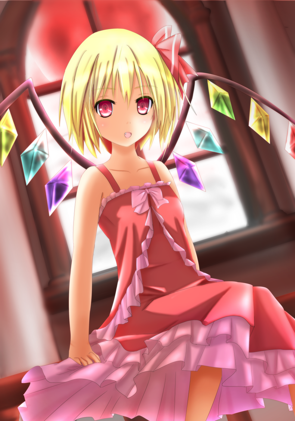 1girl :o alternate_costume blonde_hair deeshima dress dutch_angle fang flandre_scarlet frills full_moon hair_ribbon highres indoors looking_at_viewer moon red_eyes red_moon ribbon short_hair sitting solo touhou window wings
