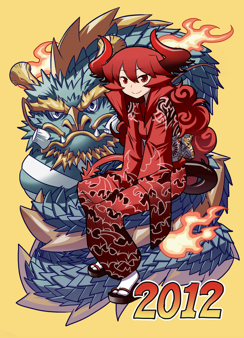 1girl 2012 demon_girl demon_tail dragon eastern_dragon horns japanese_clothes kimono long_hair maou_beluzel matsuda_yuusuke original red_eyes redhead sandals sitting smile solo tabi tail yuusha_to_maou