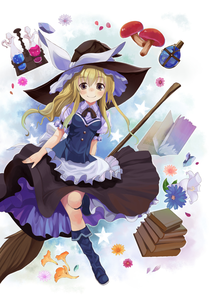 1girl apron at-yui blonde_hair blush book bow broom brown_eyes flower hat hat_bow kirisame_marisa long_hair mushroom open_book smile solo touhou vial waist_apron witch_hat