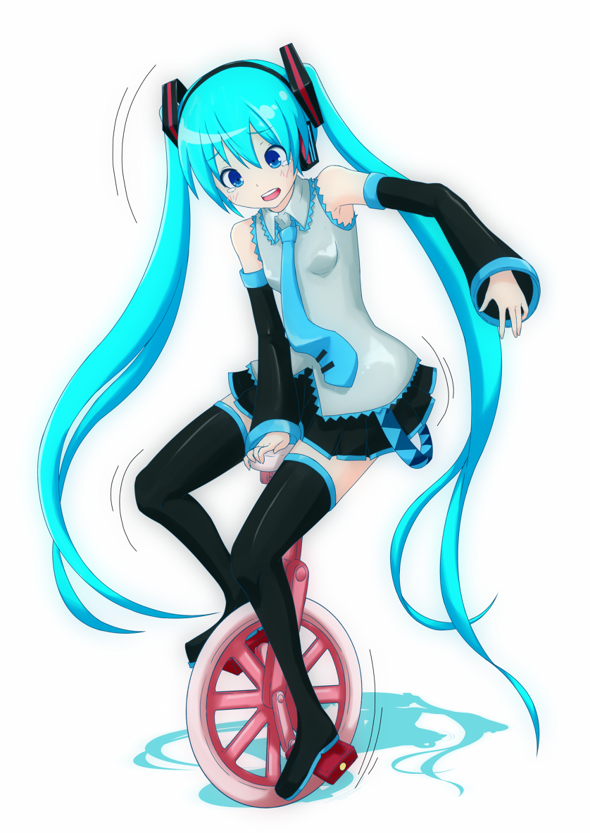 1girl aqua_hair blue_eyes boots detached_sleeves hatsune_miku headphones long_hair necktie riding skirt solo tears thigh_boots thighhighs twintails unicycle very_long_hair vocaloid white_background yuta1147