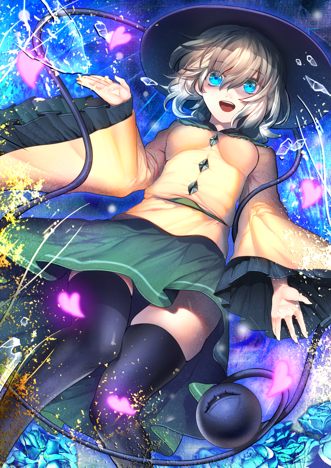 1girl black_legwear blue_eyes hat heart komeiji_koishi open_mouth short_hair skirt solo thighhighs third_eye touhou tsukimoto_aoi wide_sleeves