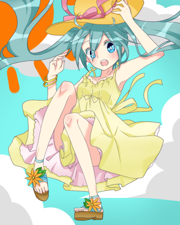 1girl aqua_eyes aqua_hair bracelet dress hat hatsune_miku jewelry long_hair open_mouth sandals solo soraneko1713 sun_hat twintails vocaloid