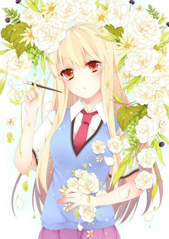 1girl blonde_hair flower holding long_hair looking_at_viewer momose necktie orange_eyes paintbrush panties rose sakura-sou_no_pet_na_kanojo school_uniform shiina_mashiro solo underwear white_rose