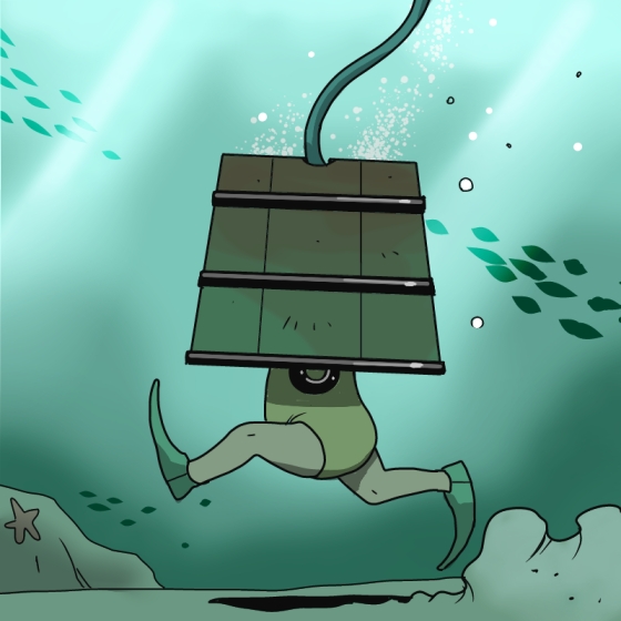 1girl bubble bucket diving diving_helmet fish helmet in_bucket in_container kisume onikobe_rin solo swimsuit touhou tube underwater walking
