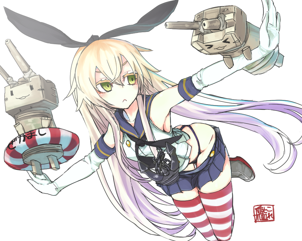 &gt;_&lt; 1girl :&lt; anchor black_panties blonde_hair elbow_gloves gloves green_eyes hair_ornament hairband kantai_collection kumonji_aruto long_hair outstretched_arms panties personification rensouhou-chan shimakaze_(kantai_collection) skirt solo spread_arms striped striped_legwear thighhighs underwear white_gloves