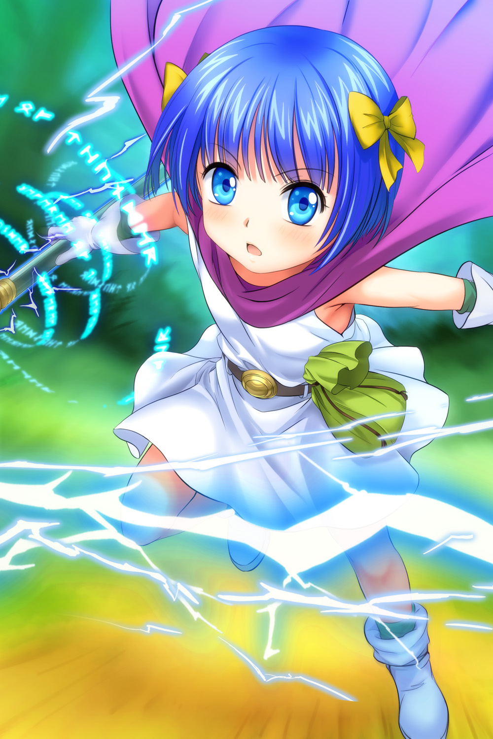 1girl blue_eyes blue_hair blush boots bow cape dragon_quest dragon_quest_v electricity flat_chest flora's_daughter gloves hair_bow highres magic mutsuki_(moonknives) open_mouth short_hair solo staff