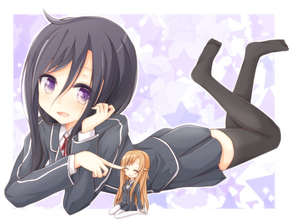 1boy 1girl asuna_(sao) black_hair kirito kirito_(sao-ggo) long_hair minigirl on_stomach rateratte school_uniform short_hair sword_art_online thighhighs trap violet_eyes yuuki_asuna