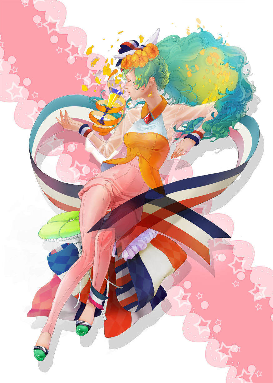 1girl braid breasts closed_eyes drink flower france french_braid glass green_hair hair_flower hair_ornament highres long_hair nokuran orange_peel orangina original personification see-through solo stool wrist_cuffs