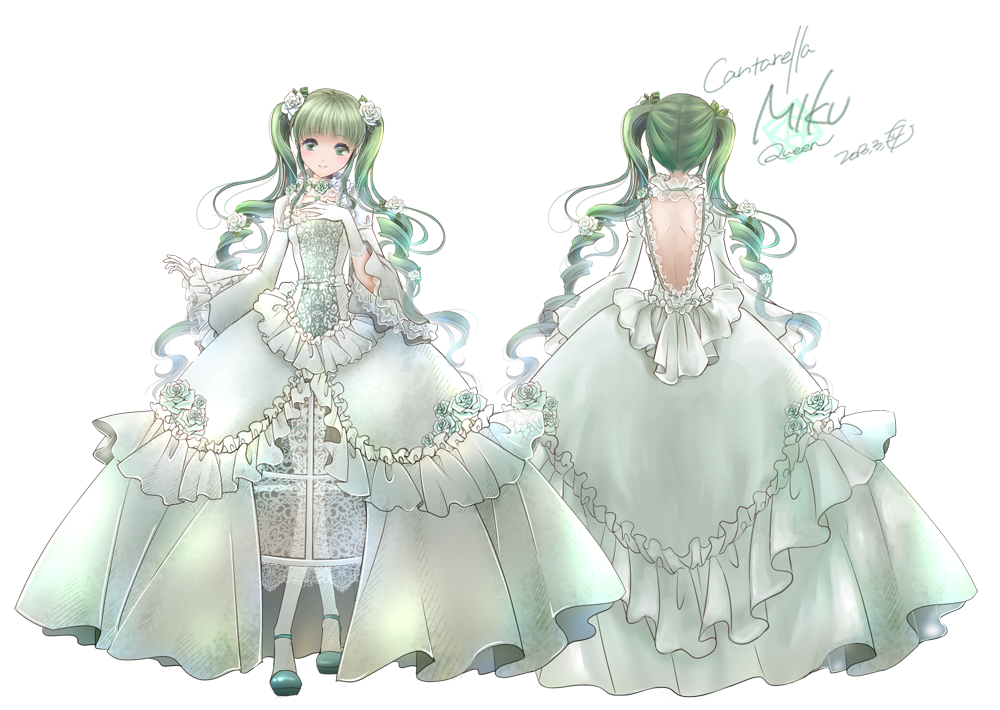 1girl 2013 cantarella_(vocaloid) character_name copyright_name crossed_legs dated dress elbow_gloves flower gloves green_eyes green_hair hair_flower hair_ornament hatsune_miku itto_maru long_hair pantyhose sitting solo twintails vocaloid