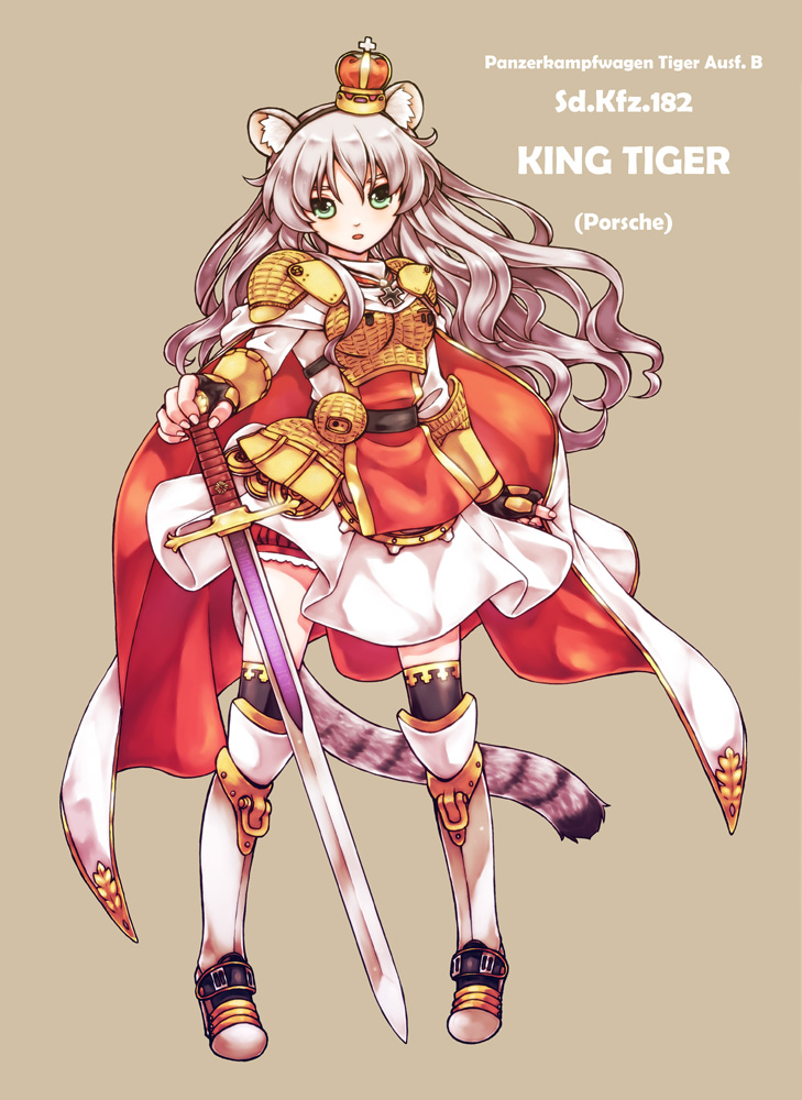 acea4 animal_ears armor cape cat_ears cat_tail crown iron_cross king_tiger military mini_crown personification sword tail weapon