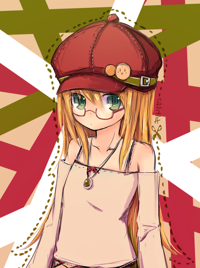 1girl dotted_outline glasses green_eyes hat ico_(green_bullet) long_hair looking_at_viewer solo