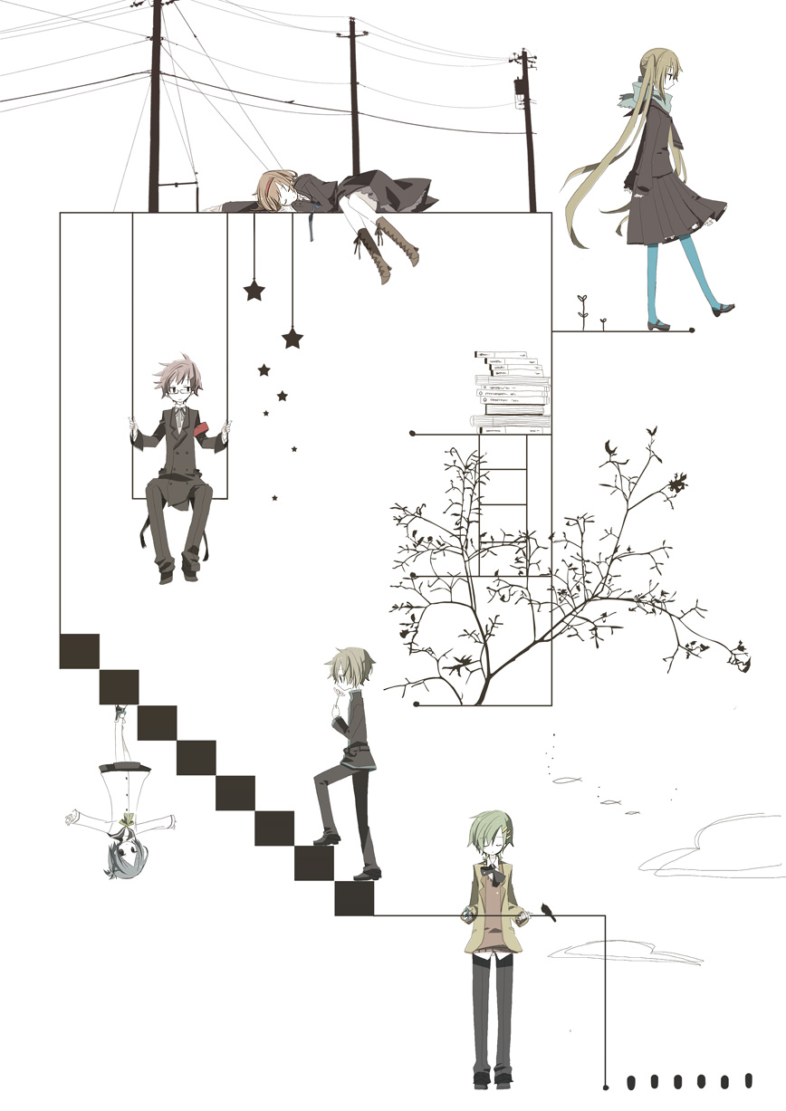 3boys 3girls abstract book boots highres long_hair lying multiple_boys multiple_girls on_side original power_lines short_hair simple_background stairs star swing tree upside-down very_long_hair white_background yoshiki