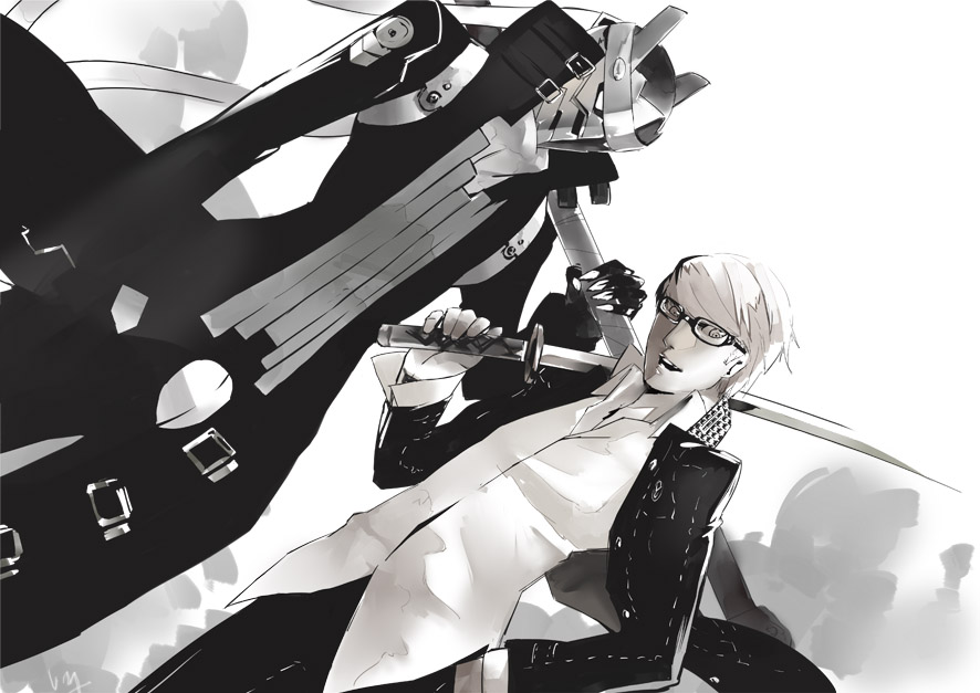 glasses hand_in_pocket izanagi katana mask monochrome nanaya_(daaijianglin) narukami_yuu persona persona_4 school_uniform sword weapon