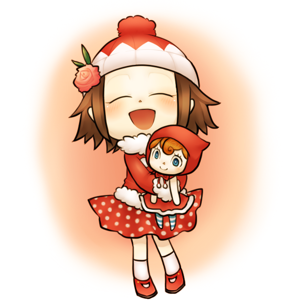 1girl aika_(doubutsu_no_mori) brown_hair closed_eyes coat doll doubutsu_no_mori flower hair_flower hair_ornament happy hat holding open_mouth polka_dot_skirt red_hat smile sugardimension