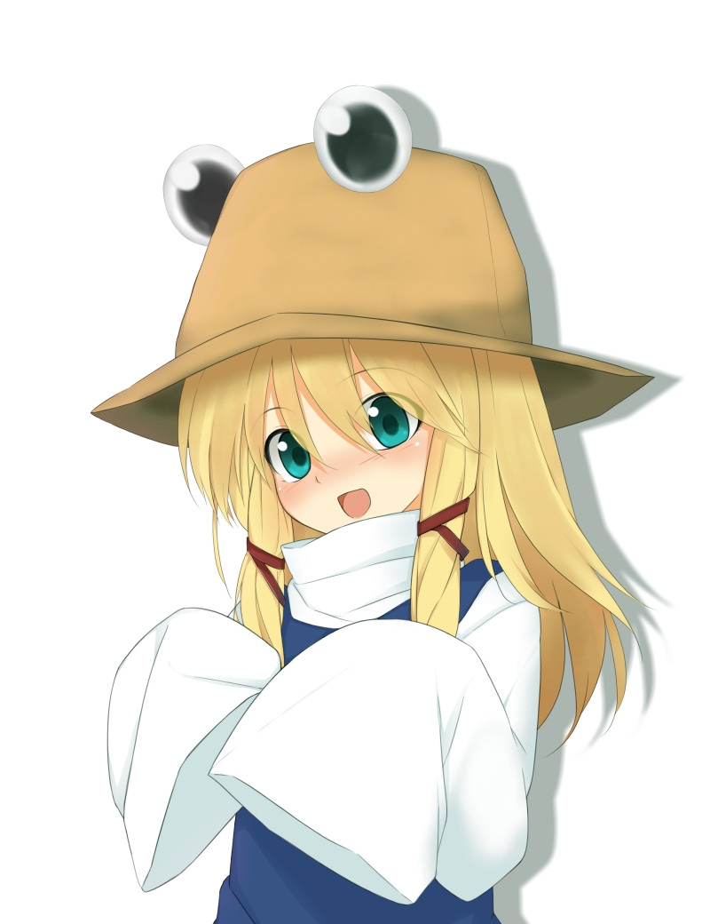 1girl blonde_hair blush denpaken_pochi green_eyes long_hair moriya_suwako simple_background sleeves_past_wrists smile solo touhou white_background